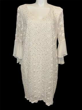 Connected Apparel Elegant White Lace Bell-Sleeve Dress